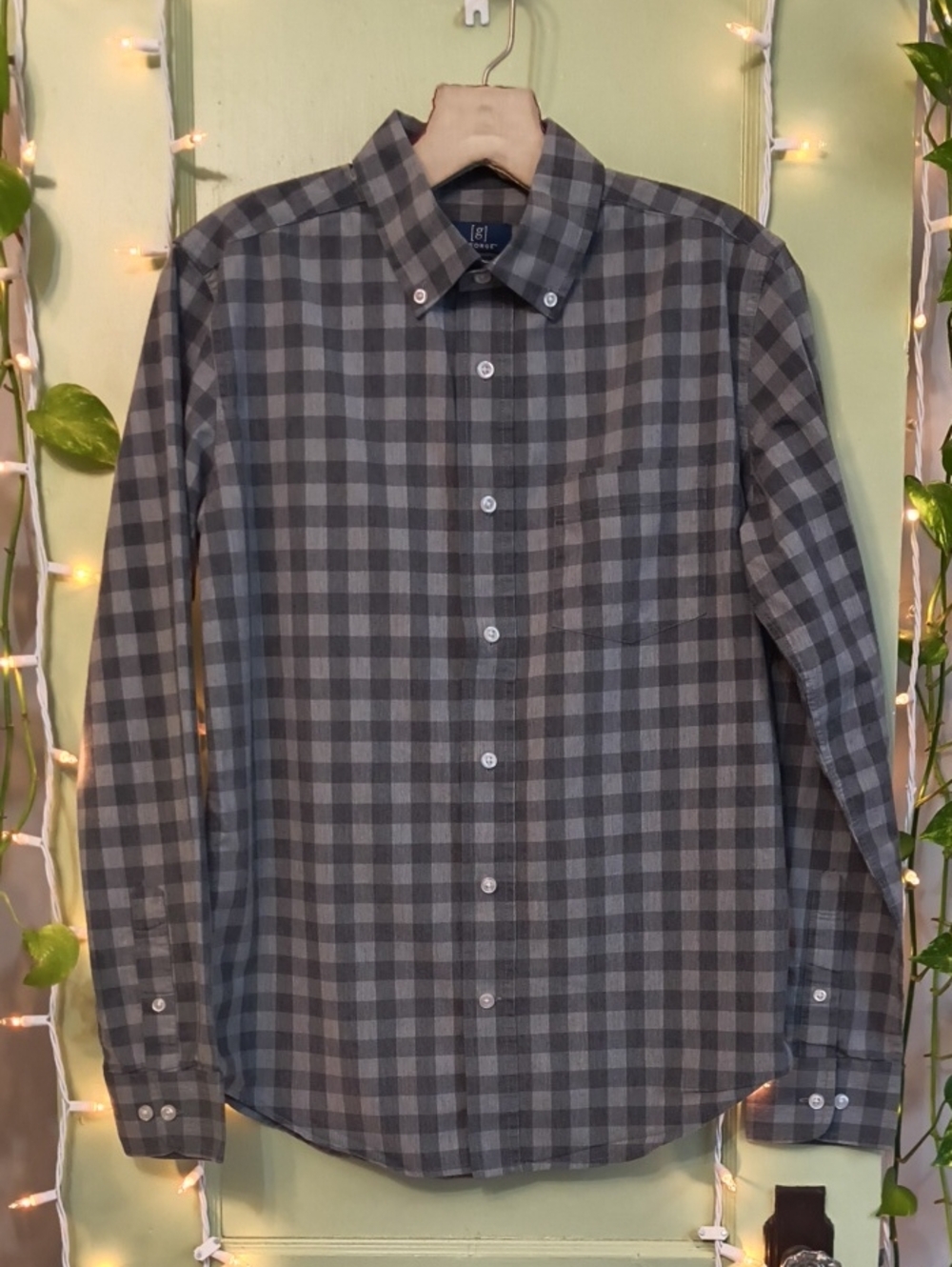 Men's George Classic Fit Grey On Grey Checker Button Up Dress Shirt S